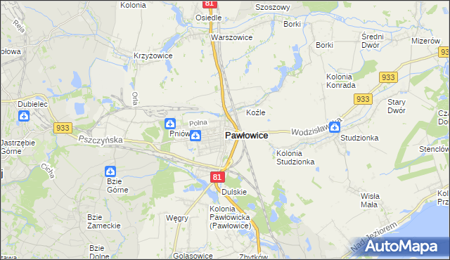 mapa Pawłowice powiat pszczyński, Pawłowice powiat pszczyński na mapie Targeo