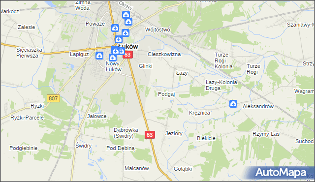 mapa Podgaj gmina Łuków, Podgaj gmina Łuków na mapie Targeo