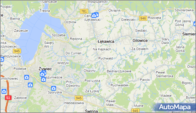 mapa Rychwałd gmina Gilowice, Rychwałd gmina Gilowice na mapie Targeo