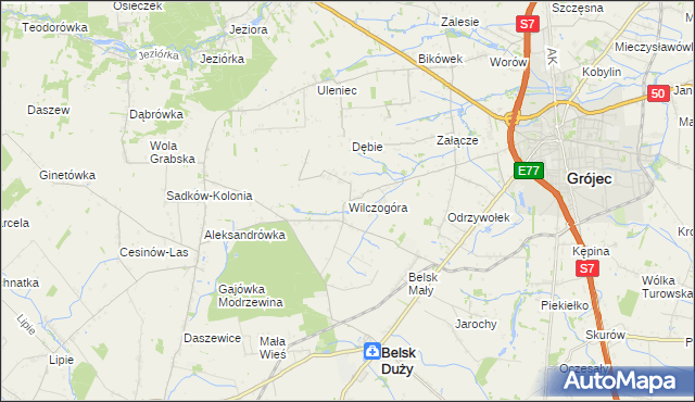 mapa Wilczogóra gmina Belsk Duży, Wilczogóra gmina Belsk Duży na mapie Targeo