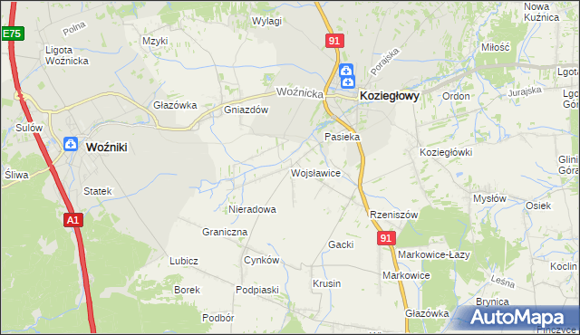 mapa Wojsławice gmina Koziegłowy, Wojsławice gmina Koziegłowy na mapie Targeo