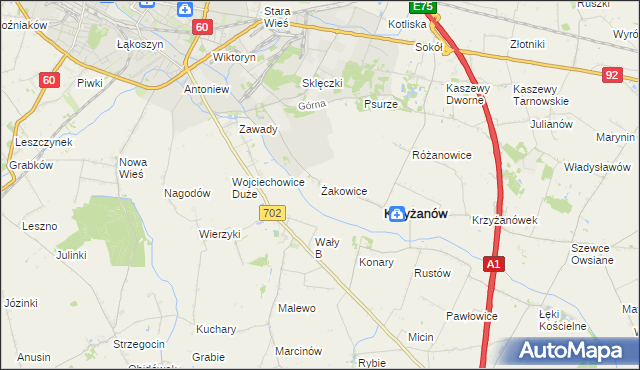 mapa Żakowice gmina Krzyżanów, Żakowice gmina Krzyżanów na mapie Targeo