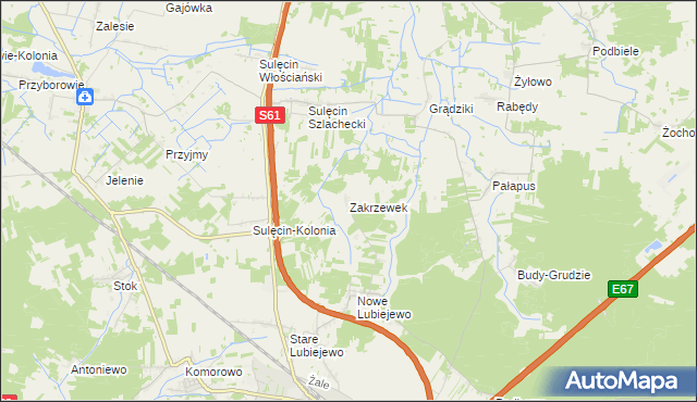 mapa Zakrzewek gmina Ostrów Mazowiecka, Zakrzewek gmina Ostrów Mazowiecka na mapie Targeo