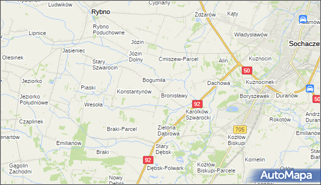 mapa Bronisławy gmina Rybno, Bronisławy gmina Rybno na mapie Targeo