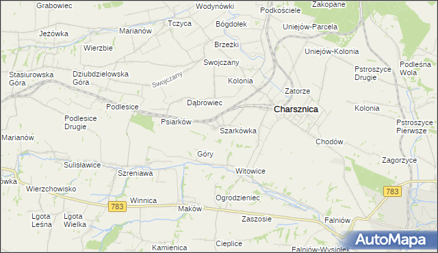 mapa Szarkówka gmina Charsznica, Szarkówka gmina Charsznica na mapie Targeo