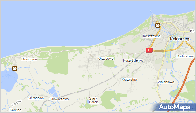 mapa Grzybowo gmina Kołobrzeg, Grzybowo gmina Kołobrzeg na mapie Targeo