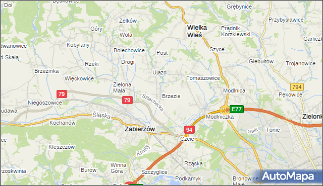 mapa Brzezie gmina Zabierzów, Brzezie gmina Zabierzów na mapie Targeo