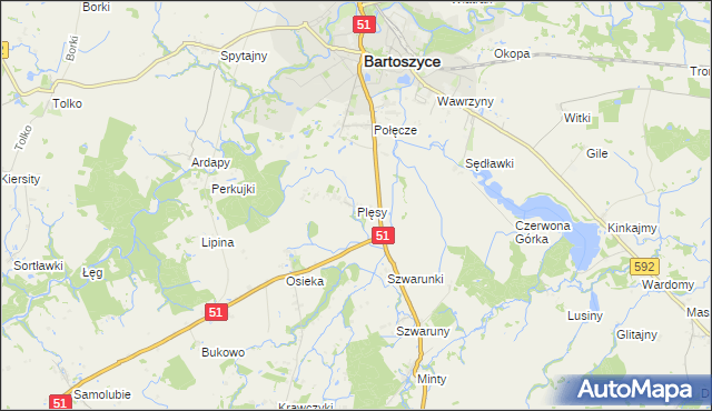mapa Plęsy gmina Bartoszyce, Plęsy gmina Bartoszyce na mapie Targeo
