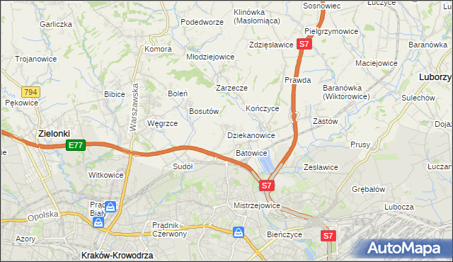 mapa Dziekanowice gmina Zielonki, Dziekanowice gmina Zielonki na mapie Targeo