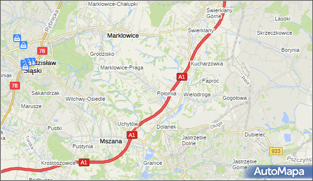 mapa Połomia gmina Mszana, Połomia gmina Mszana na mapie Targeo