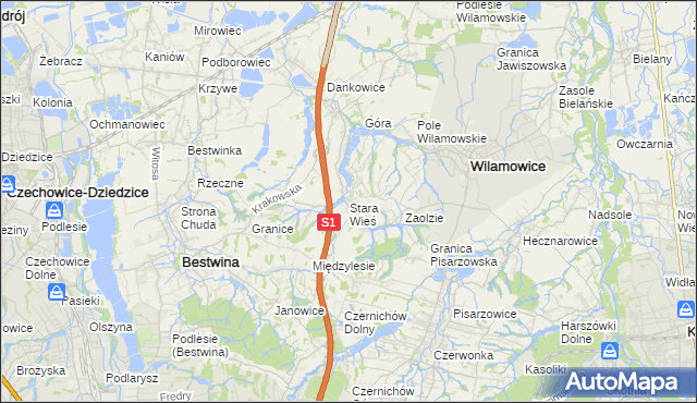 mapa Stara Wieś gmina Wilamowice, Stara Wieś gmina Wilamowice na mapie Targeo