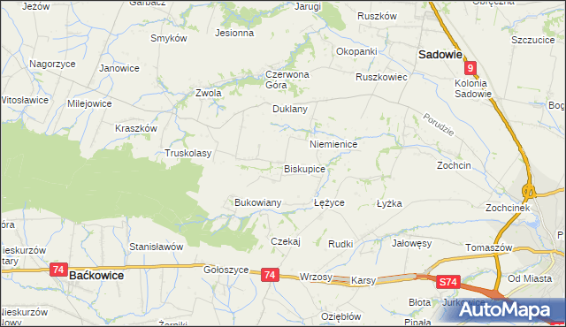 mapa Biskupice gmina Sadowie, Biskupice gmina Sadowie na mapie Targeo