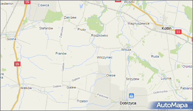 mapa Wilczyniec gmina Jarocin, Wilczyniec gmina Jarocin na mapie Targeo