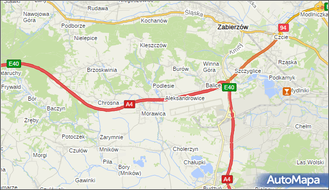 mapa Aleksandrowice gmina Zabierzów, Aleksandrowice gmina Zabierzów na mapie Targeo