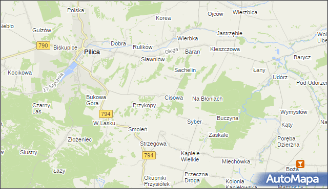 mapa Cisowa gmina Pilica, Cisowa gmina Pilica na mapie Targeo