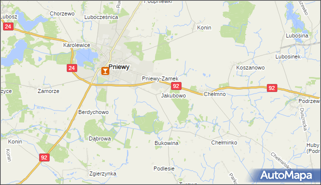 mapa Jakubowo gmina Pniewy, Jakubowo gmina Pniewy na mapie Targeo