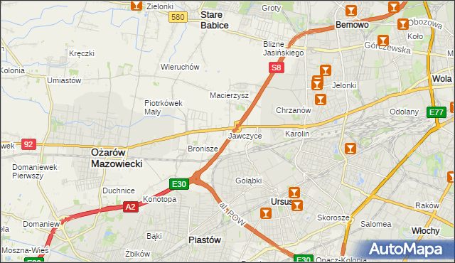 mapa Jawczyce gmina Ożarów Mazowiecki, Jawczyce gmina Ożarów Mazowiecki na mapie Targeo