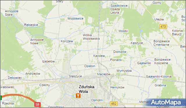 mapa Karolew gmina Zduńska Wola, Karolew gmina Zduńska Wola na mapie Targeo