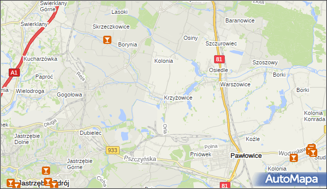 mapa Krzyżowice gmina Pawłowice, Krzyżowice gmina Pawłowice na mapie Targeo
