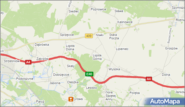 mapa Ligota Górna gmina Strzelce Opolskie, Ligota Górna gmina Strzelce Opolskie na mapie Targeo