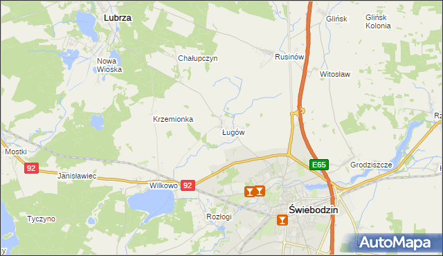 mapa Ługów gmina Świebodzin, Ługów gmina Świebodzin na mapie Targeo
