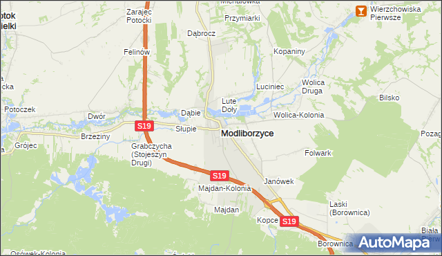 mapa Modliborzyce powiat janowski, Modliborzyce powiat janowski na mapie Targeo