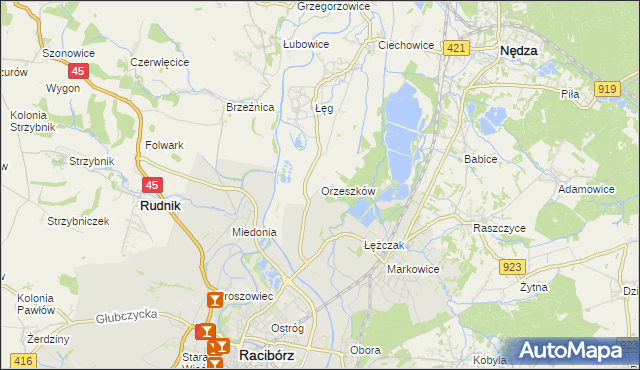 mapa Orzeszków gmina Nędza, Orzeszków gmina Nędza na mapie Targeo
