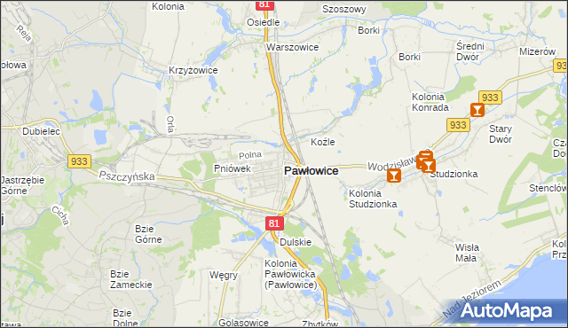 mapa Pawłowice powiat pszczyński, Pawłowice powiat pszczyński na mapie Targeo