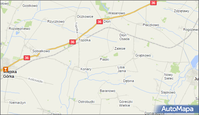 mapa Piaski gmina Miejska Górka, Piaski gmina Miejska Górka na mapie Targeo