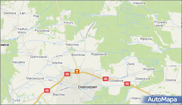 mapa Rzędowice gmina Dobrodzień, Rzędowice gmina Dobrodzień na mapie Targeo