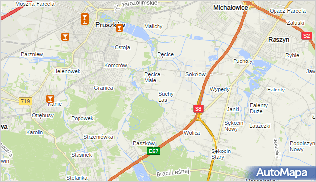 mapa Suchy Las gmina Michałowice, Suchy Las gmina Michałowice na mapie Targeo