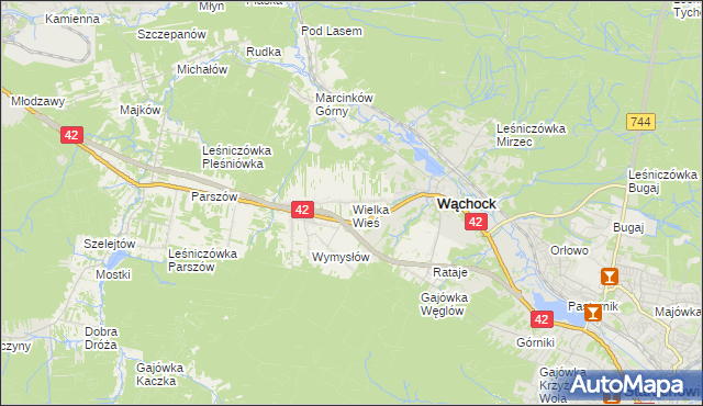 mapa Wielka Wieś gmina Wąchock, Wielka Wieś gmina Wąchock na mapie Targeo