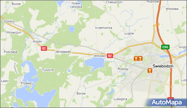 mapa Wilkowo gmina Świebodzin, Wilkowo gmina Świebodzin na mapie Targeo