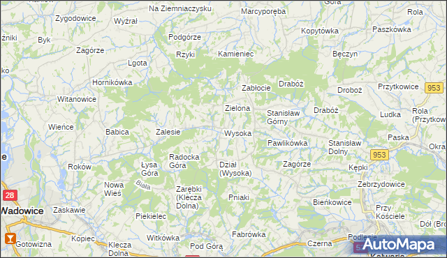 mapa Wysoka gmina Wadowice, Wysoka gmina Wadowice na mapie Targeo
