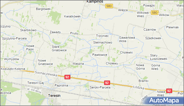 mapa Pawłowice gmina Teresin, Pawłowice gmina Teresin na mapie Targeo