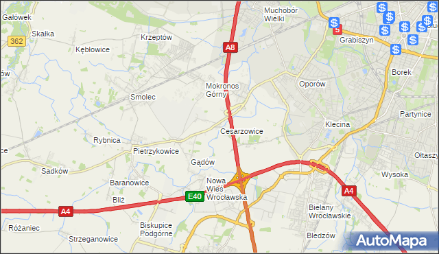 mapa Cesarzowice gmina Kąty Wrocławskie, Cesarzowice gmina Kąty Wrocławskie na mapie Targeo