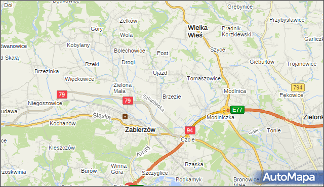 mapa Brzezie gmina Zabierzów, Brzezie gmina Zabierzów na mapie Targeo