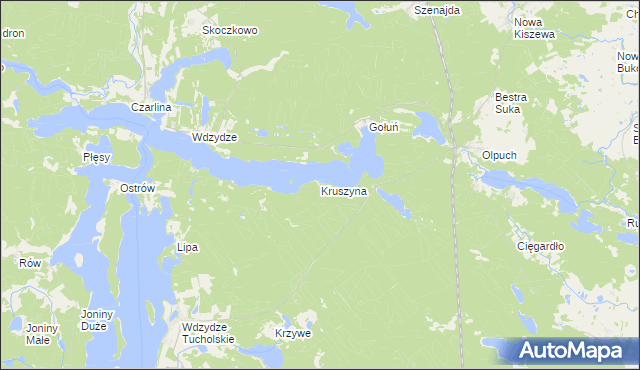mapa Kruszyna gmina Kościerzyna, Kruszyna gmina Kościerzyna na mapie Targeo