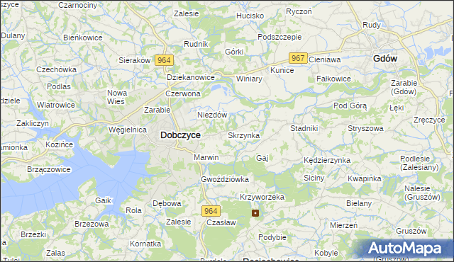 mapa Skrzynka gmina Dobczyce, Skrzynka gmina Dobczyce na mapie Targeo