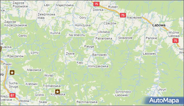 mapa Barnowiec gmina Łabowa, Barnowiec gmina Łabowa na mapie Targeo