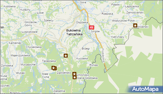 mapa Brzegi gmina Bukowina Tatrzańska, Brzegi gmina Bukowina Tatrzańska na mapie Targeo