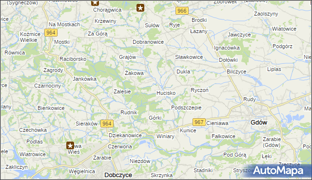 mapa Hucisko gmina Gdów, Hucisko gmina Gdów na mapie Targeo