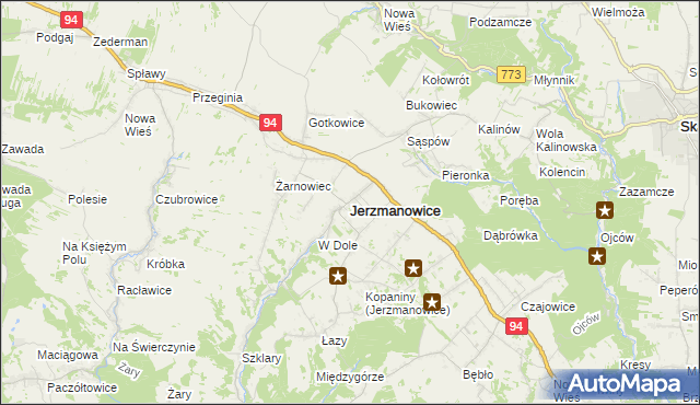 mapa Jerzmanowice gmina Jerzmanowice-Przeginia, Jerzmanowice gmina Jerzmanowice-Przeginia na mapie Targeo