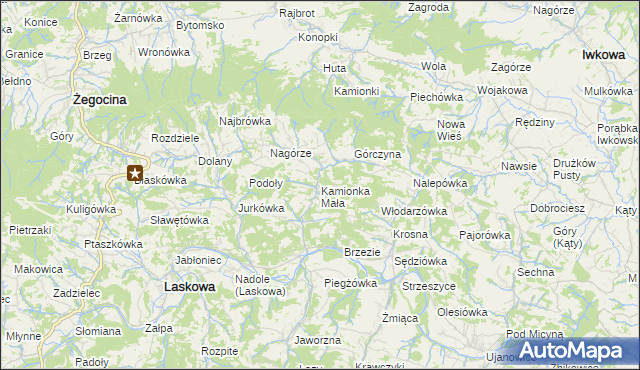 mapa Kamionka Mała gmina Laskowa, Kamionka Mała gmina Laskowa na mapie Targeo