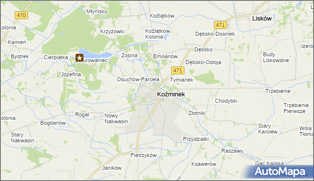 mapa Koźminek powiat kaliski, Koźminek powiat kaliski na mapie Targeo