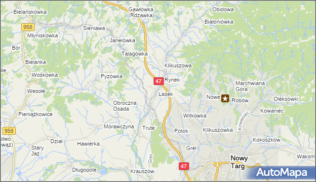 mapa Lasek gmina Nowy Targ, Lasek gmina Nowy Targ na mapie Targeo