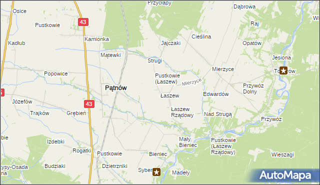 mapa Łaszew gmina Wierzchlas, Łaszew gmina Wierzchlas na mapie Targeo