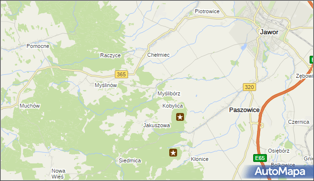 mapa Myślibórz gmina Paszowice, Myślibórz gmina Paszowice na mapie Targeo