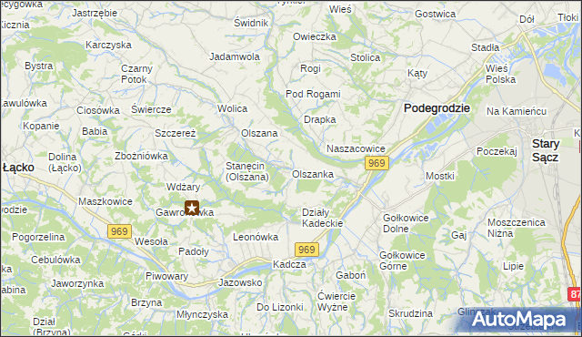 mapa Olszanka gmina Podegrodzie, Olszanka gmina Podegrodzie na mapie Targeo