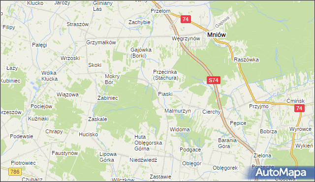 mapa Piaski gmina Mniów, Piaski gmina Mniów na mapie Targeo